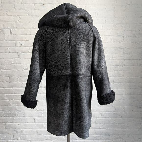 Vintage Black Leather Shearling Coat Afghan Fur Minimalist Chic Luxury Jacket - Picture 5 of 11